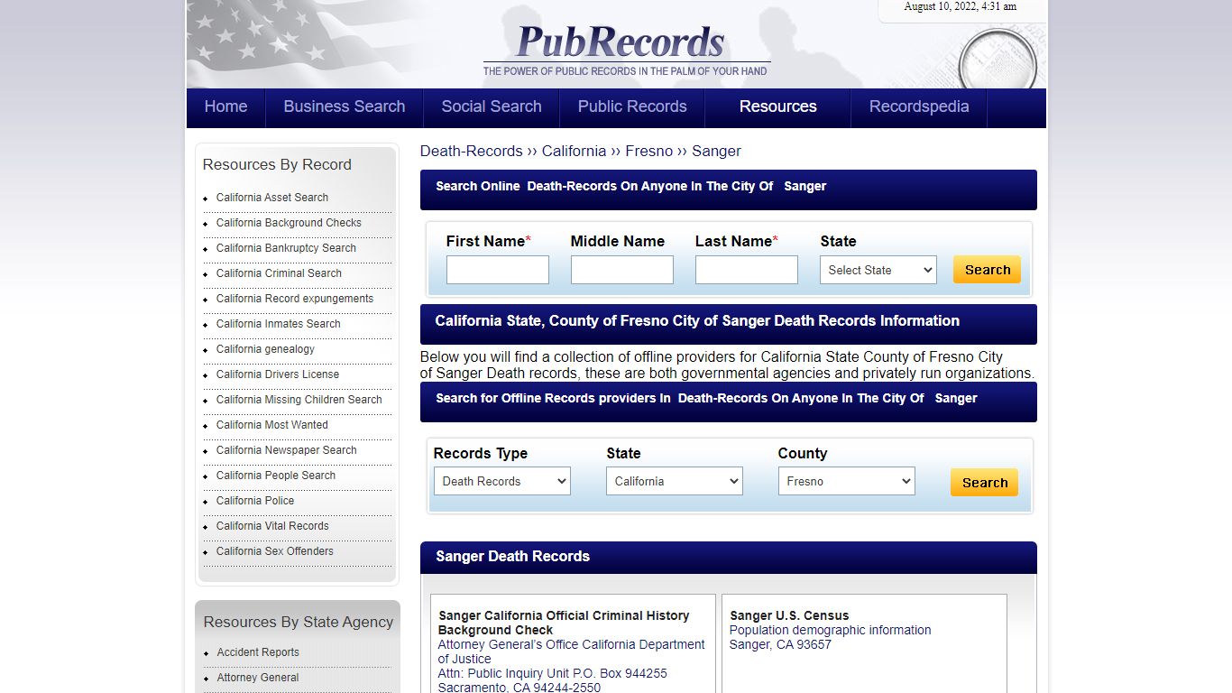 Sanger, Fresno County, California Death Records