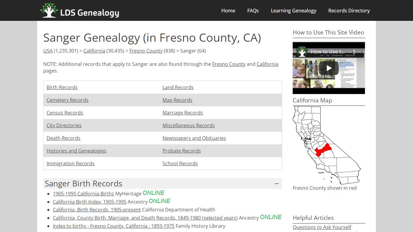 Sanger Genealogy (in Fresno County, California)